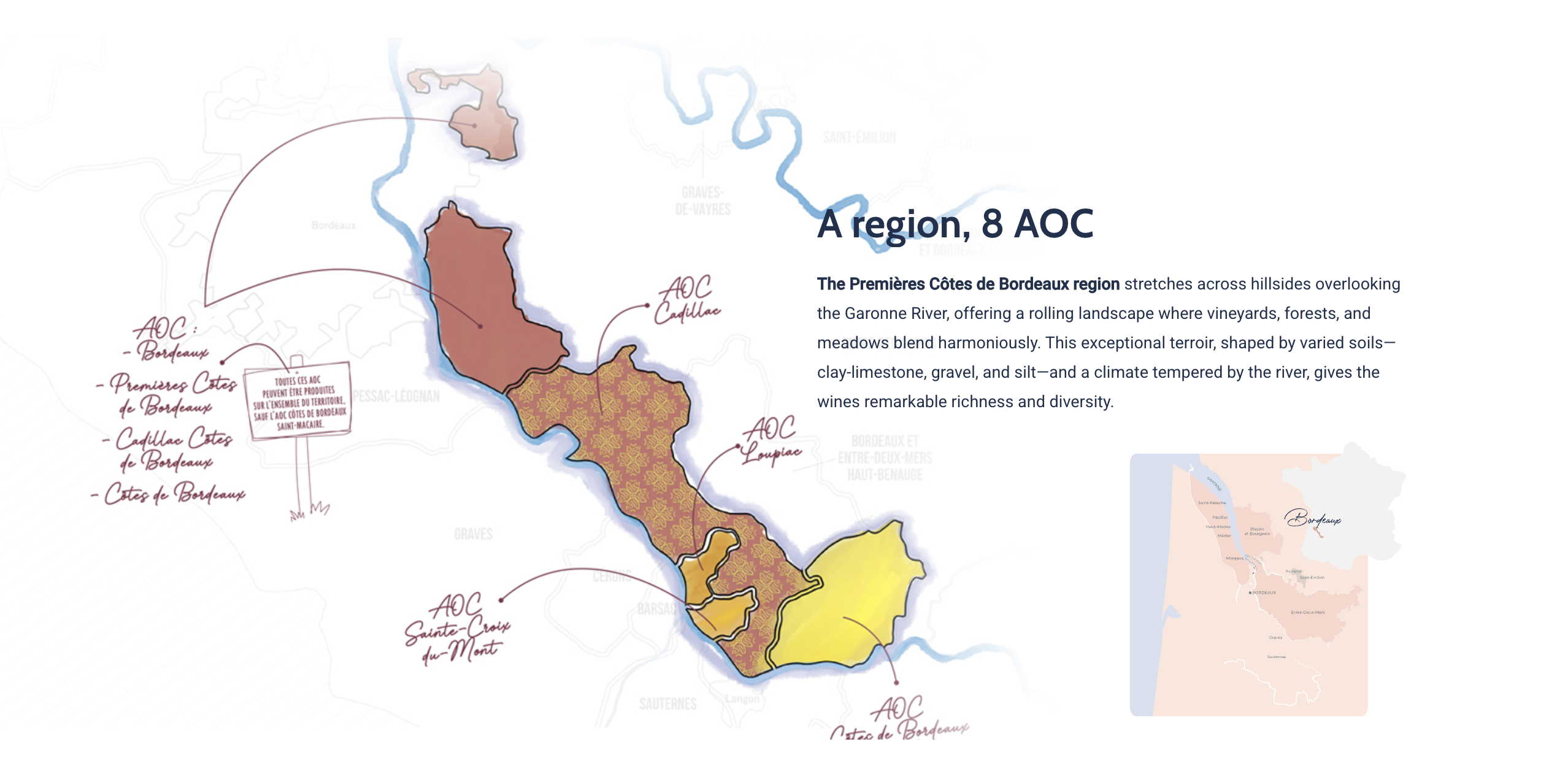 Map of the Premières Côtes de Bordeaux Region appellations along the Garonne