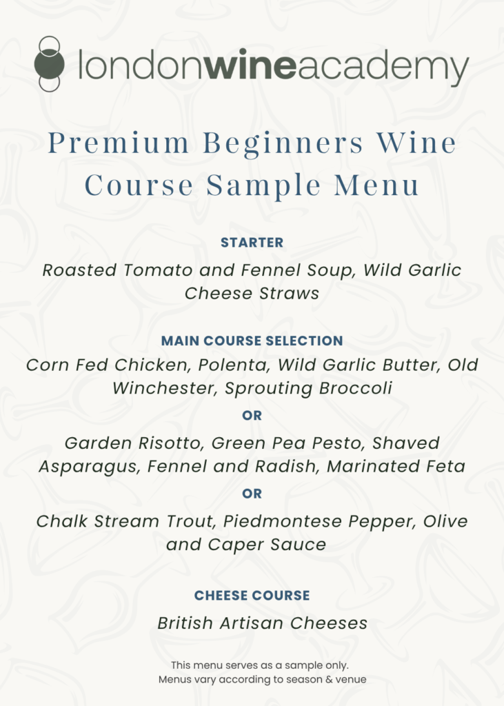 Premium Beginners Wine Course - Sample Menu