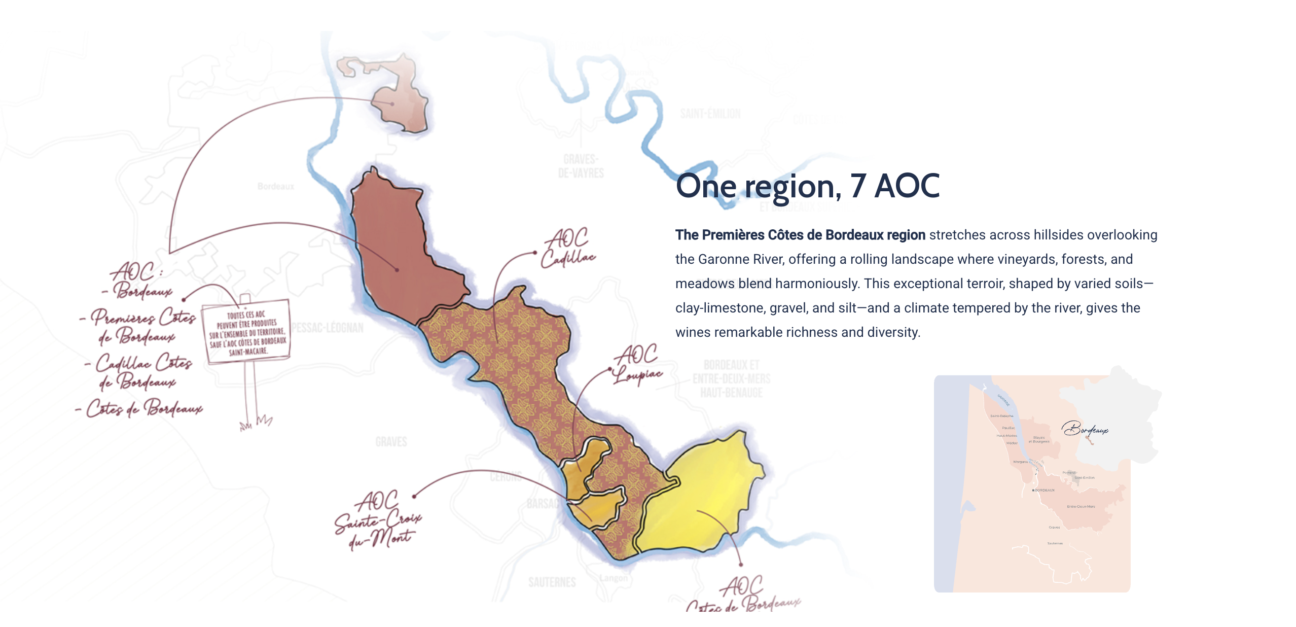 Map of the Premières Côtes de Bordeaux Region appellations along the Garonne
